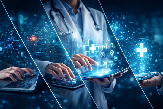 AI generated multi panel medical technology scene showing doctors using laptops tablets and holographic health icons to represent digital healthcare transformation and integrated smart diagnostics - Powered by Adobe