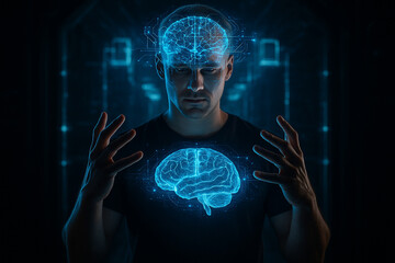 AI generated man controlling glowing digital brains with holographic neural circuits symbolizing advanced cognition human machine fusion mental power and the evolution of intelligence