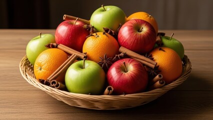 Fresh apples and oranges in a rustic basket kitchen decor food photography warm natural light