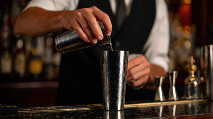 bartender shaking cocktail in elegant bar setting