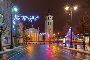 Night view of Vilnius Cathedral and Bell Tower during Christmas in Vilnius, Lithuania