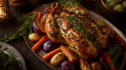 whole roasted chicken with vegetables for holiday meal