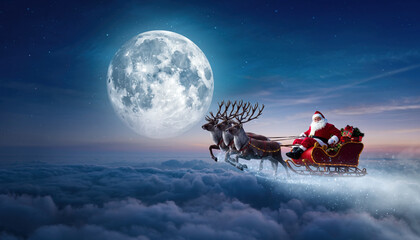 Santa Claus flying in the night sky with his sleigh and reindeer before the full moon, soft light and magical atmosphere, realistic style.