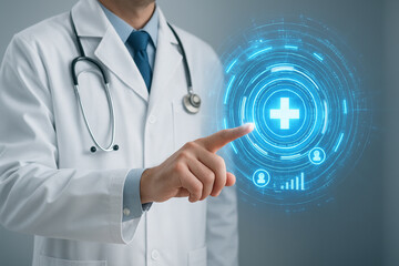 AI generated digital medical interface with a doctor interacting through a glowing blue circular holographic system showing health icons and data analysis with a clean futuristic clinical atmosphere