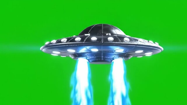 Metallic alien flying saucer hovering, futuristic sci-fi concept. green screen