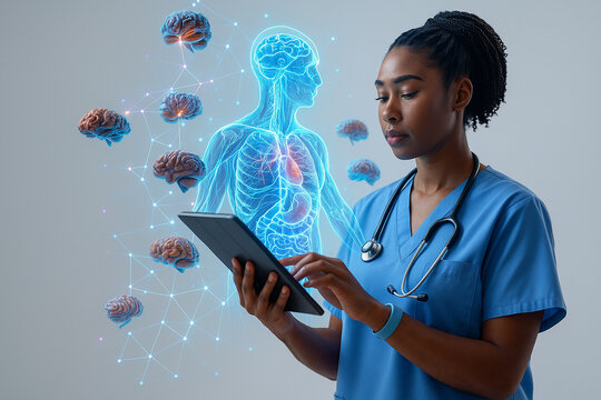 AI generated futuristic medical analysis scene showing a nurse reviewing anatomy hologram data with brain networks glowing in a high tech clean and calm environment