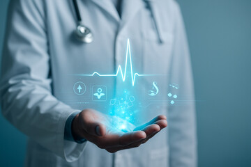 AI generated scene showing a doctor presenting a glowing blue digital health hologram with ECG line medical icons molecular elements data symbols representing smart healthcare and advanced diagnostics