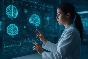 AI generated medical expert interacting with a transparent holographic display showing brain scans neural data waveforms and advanced diagnostic information in a high tech blue toned lab