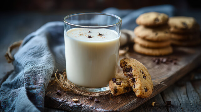 glass of milk with chocolate chip cookies for dipping