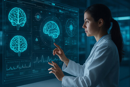 AI generated medical expert interacting with a transparent holographic display showing brain scans neural data waveforms and advanced diagnostic information in a high tech blue toned lab