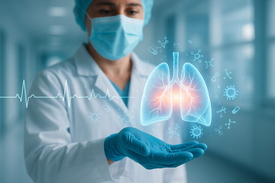 AI generated doctor in protective gear presenting a glowing lung hologram with bright central analysis light surrounded by medical icons molecules and ECG lines symbolizing advanced respiratory - Powered by Adobe