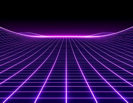 Retro 80s style neon glowing grid landscape background with futuristic synthwave aesthetic.
