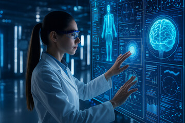 AI generated female scientist interacting glowing holographic medical data brain scans anatomy charts and biometric analytics creating a sense of precision intelligence and advanced future science.