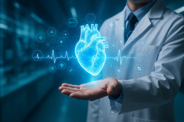 AI generated futuristic medical scene showing a doctor presenting a glowing digital heart hologram with health data visualisation in a modern clinical environment