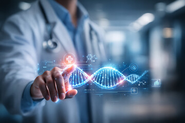 AI generated doctor interacting with a glowing holographic DNA strand surrounded by medical icons molecular symbols and digital data representing advanced genetic analysis and modern health technology