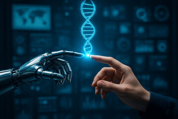 AI generated human hand touching a robotic hand with glowing blue energy forming a holographic DNA strand symbolizing advanced biotechnology collaboration precision medicine evolution