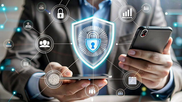 Businessman using mobile phone for cybersecurity data protection shield with padlock icon network security and privacy concept