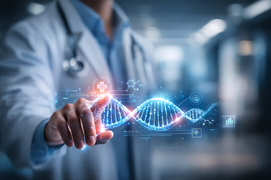 AI generated doctor interacting with a glowing holographic DNA strand surrounded by medical icons molecular symbols and digital data representing advanced genetic analysis and modern health technology