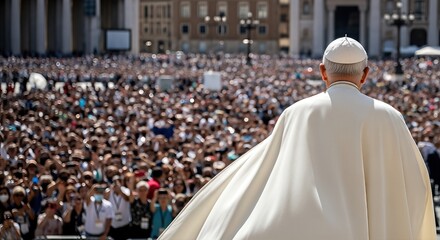 Naklejka premium Religious leader in white robes addresses a large crowd of followers, showcasing unity and faith during a significant gathering, embodying the spirit of prayer and devotion