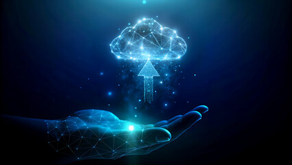 Hand holding a glowing cloud with an upload arrow a concept for cloud computing and data transfer digital illustration