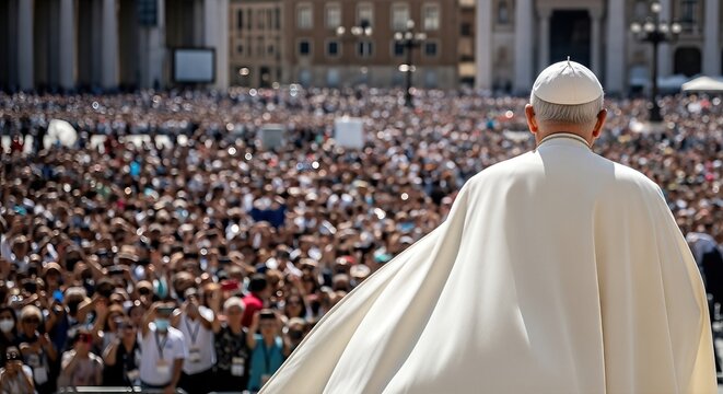 Religious leader in white robes addresses a large crowd of followers, showcasing unity and faith during a significant gathering, embodying the spirit of prayer and devotion