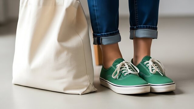 Casual Green Sneakers Shoes Person Standing with Large White Bag in Indoor Setting