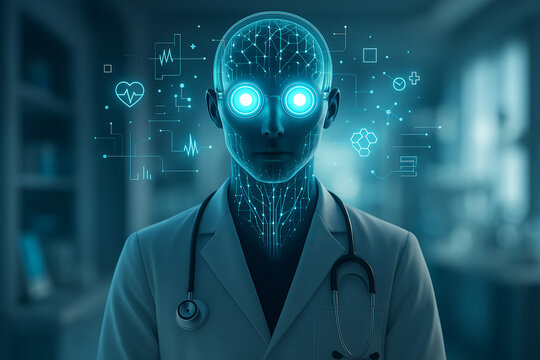 AI generated a futuristic medical AI figure with glowing neural visuals and digital health data, showing advanced diagnostics, precision analysis and next era intelligent healthcare interaction