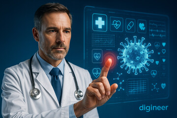 AI generated futuristic medical interface showing a doctor interacting with holographic virus data health icons symbolizing digital diagnostics infection analysis and advanced healthcare technology