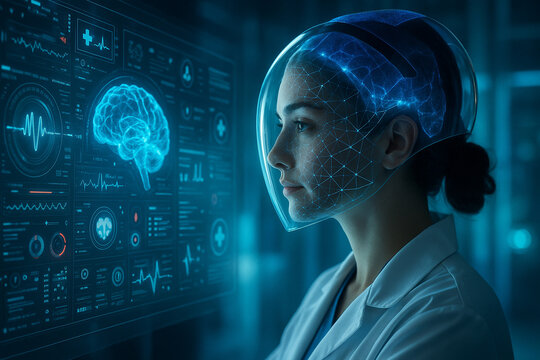 AI generated female medical expert using an advanced neuro visor with glowing digital brain mesh analyzing real time cognitive data through a holographic interface symbolizing intelligent