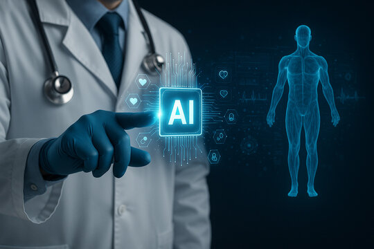 AI generated scene showing a doctor interacting with a glowing AI chip hologram surrounded by medical icons biometric data and a digital human body figure symbolizing intelligent diagnostics - Powered by Adobe