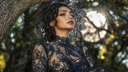 Elegant woman in black lace dress and headpiece poses outdoors
