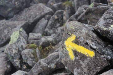 濃霧の岩場を導く：進むべき方向を示す黄色い矢印