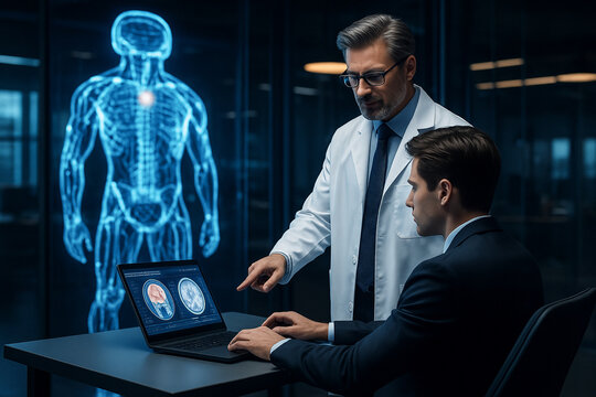 AI generated two medical experts reviewing brain scan data on a laptop with a glowing human body hologram behind them symbolizing advanced diagnostics digital healthcare collaboration and precise - Powered by Adobe