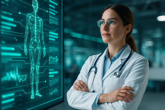 AI generated female doctor stands confidently before a glowing holographic body scan and data interface. The scene conveys advanced diagnostics, precision healthcare