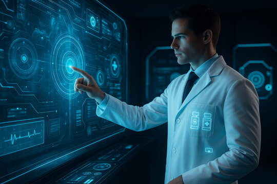 AI generated doctor interacting with a glowing blue holographic data panel featuring advanced medical icons digital analytics and precision technology symbolizing smart healthcare innovation accuracy