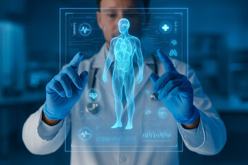 AI generated medical professional interacting with a glowing holographic full body scan showing anatomy data charts and diagnostics creating a futuristic clinical atmosphere with precision clarity