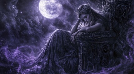 A pensive queen sits on her throne beneath a full moon in a fantasy scene