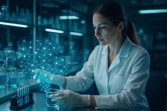 AI generated ultra modern lab scene showing a focused female researcher working with glowing data mesh elements symbolizing advanced biotech analysis precision science and seamless human technology