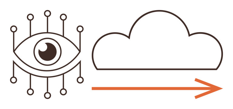 Eye connected to circuits alongside a cloud with an arrow, conveying digital vision, cloud computing, and data transfer. Ideal for technology, innovation, connectivity, AI, big data cloud computing