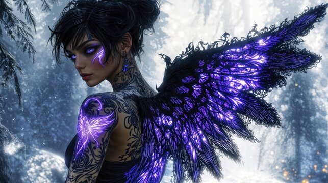 Fantasy woman with glowing purple wings and tattoos in a mystical forest setting - Powered by Adobe