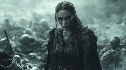 A formidable warrior stands amidst a battlefield of the fallen, a haunting image.