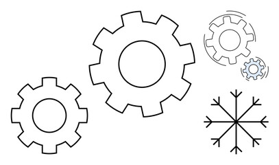 Interlocking gears beside a stylized snowflake, representing synergy, efficiency, and harmony. Ideal for teamwork, processes, engineering, sustainability balance innovation and workflow. A simple