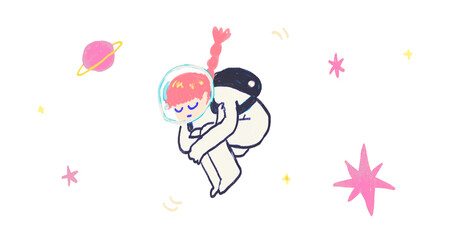 宇宙飛行士、無重力宇宙に漂う女性のイラスト © mari