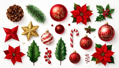 Festive assortment of Christmas ornaments & decorations on a white background