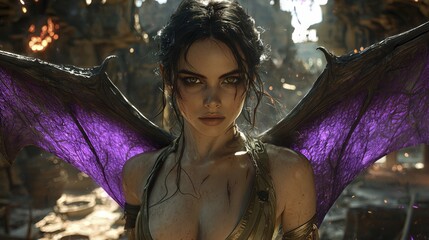 Fantasy portrait of a woman with purple wings, looking directly at the viewer