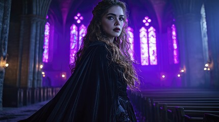 Woman in black dress in a gothic church with purple stained glass windows