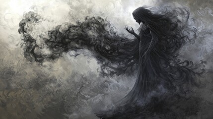 Mysterious figure in a dark dress with flowing hair and smoky tendrils