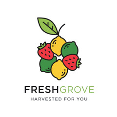 Fresh Grove Logo with Assorted Fruits and Leaf Design.