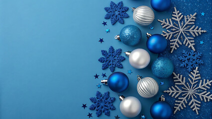 Blue christmas background with festive ornaments and sparkling snowflakes