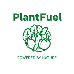 PlantFuel Logo Featuring Fresh Vegetables and the Slogan Powered by Nature.